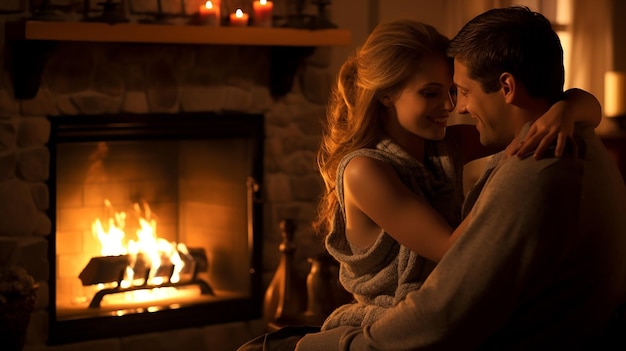 Фото Уютная романтика у камина пара греется в теплом свете огня