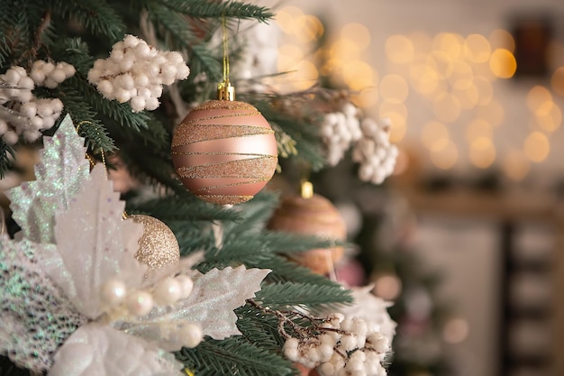 Cozy flat apartment room with green Christmas Tree decorations