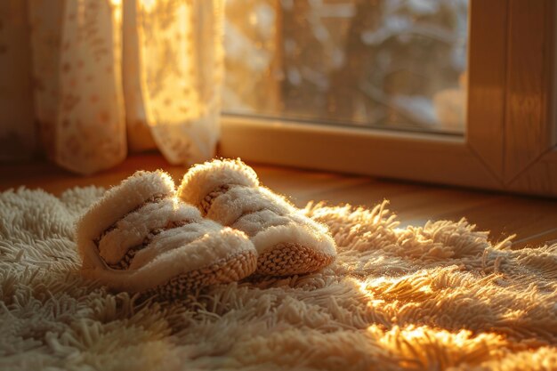 Photo cozy fuzzy slippers on soft rug in warm morning sunlight by window