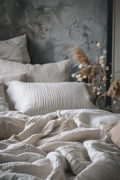 Cozy gray bedroom interior with bed headboard and natural decorations