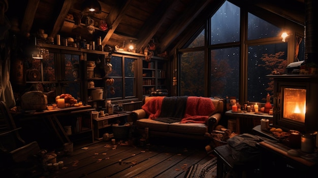 Cozy halloween cabin on a rainy autumn night