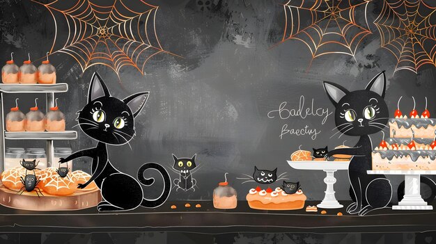 cozy halloween scene with black cats pumpkins and spooky baked goods on display in rustic kitchen se