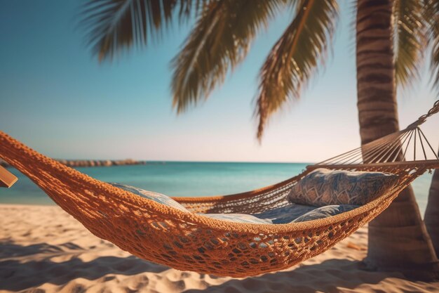 Foto un'amaca accogliente tra le palme sulla spiaggia un viaggio in paradiso