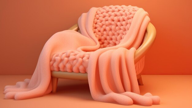 Photo a cozy handknitted blanket casually draped over a chair against a solid peach fuzz wall creating an atmosphere of warmth and home comfort