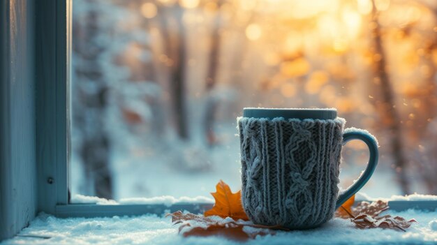 Photo a cozy handknitted sweater wrapped mug on a frosty window sill at sunrise