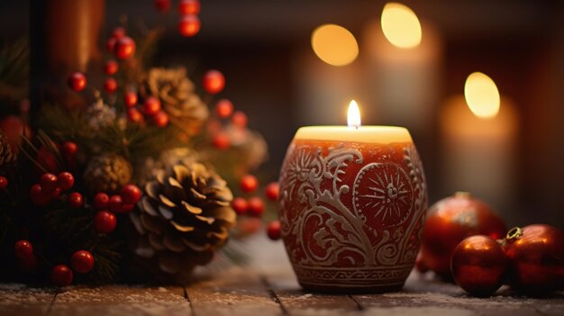 Уютная праздничная атмосфера с праздничными свечами среди зимнего декора