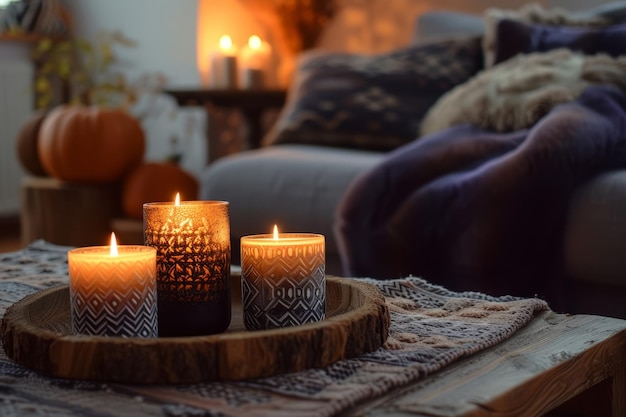 Уютная домашняя атмосфера Кофейный стол с зажженными свечами в гостиной