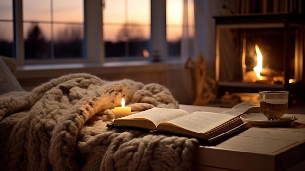 暖炉のそばで本を読める居心地の良い室内装飾 Generative Ai
