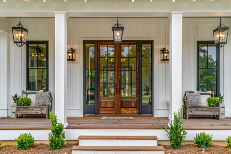 Photo cozy home entrance with wooden elements and greenery