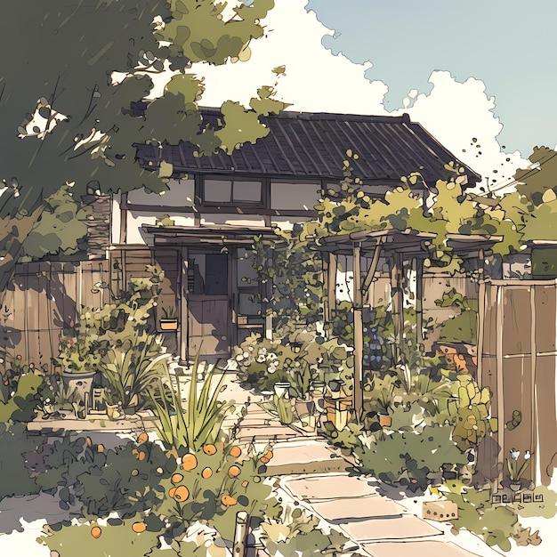 Уютный домашний сад с бонсайными фонарями в японском стиле