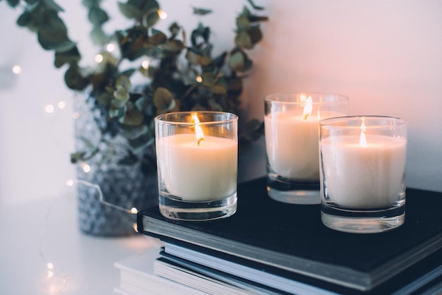 Cozy home interior decor burning candles