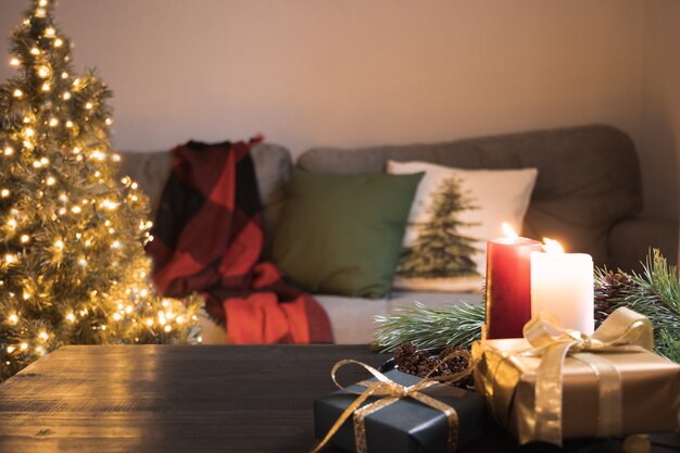 Cozy home interior in living room with Christmas tree