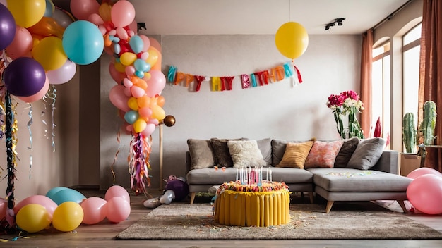 Photo cozy home interior with birthday party decorations pink balloons birthday garland on white wall an