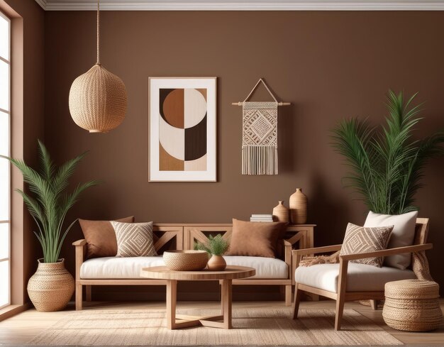 Foto interni accoglienti con mobili in legno su sfondo marrone modello di parete vuota in decorazione boho 3d