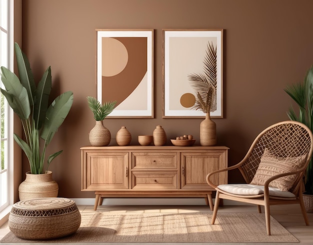Cozy home interior with wooden furniture on brown background empty wall mockup in boho decoration 3d render
