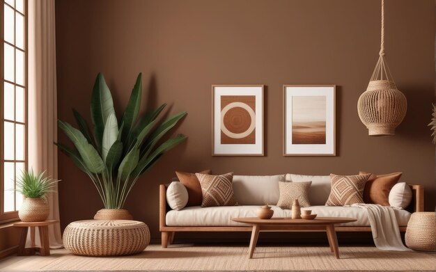 Photo cozy home interior with wooden furniture on brown background empty wall mockup in boho decoration 3d render