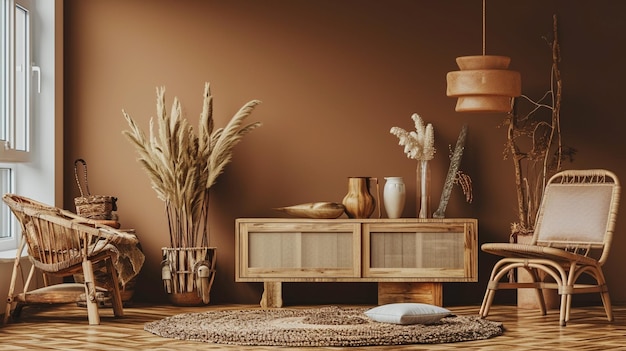 Уютный интерьер дома с деревянной мебелью на коричневом фоне Generative Ai
