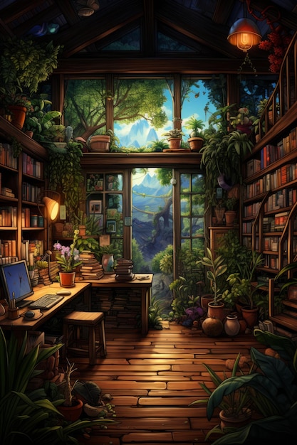 Photo a cozy home library filled with plants and books