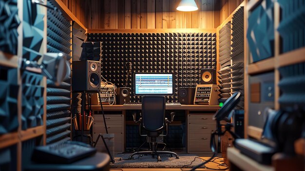 Photo cozy home music studio with soundproofing foam on the walls a large desk with a computer speakers and a keyboard and a comfortable chair