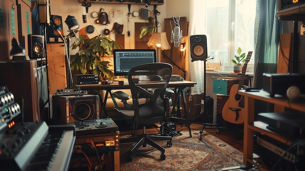 さまざまな楽器や機器を備えた居心地の良い家庭音楽スタジオ