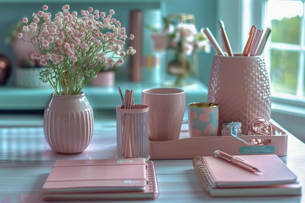 Photo cozy home office desk with pastel stationery elegant planner and pink flowers in a serene room