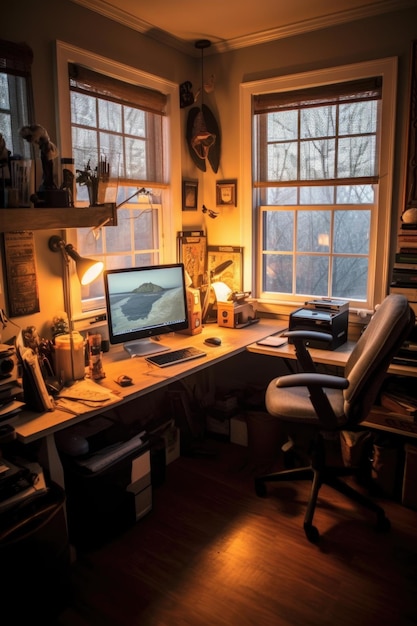 Cozy home office setup for attending webinars created with generative ai