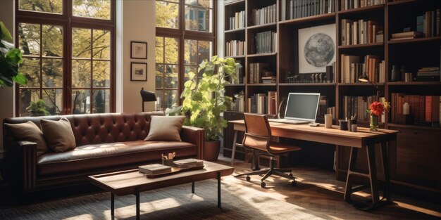 A cozy home office setup with a sofa bookshelves and a desk by the window