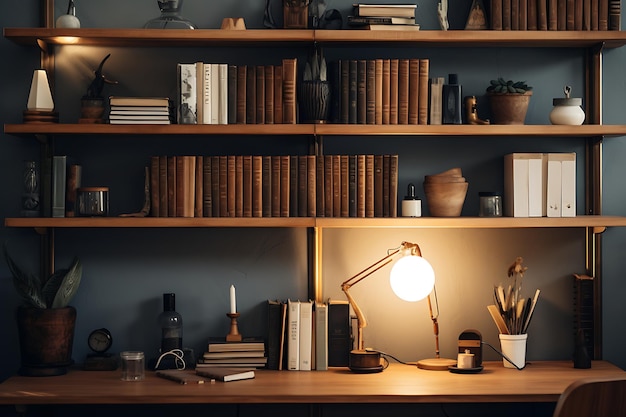 Photo a cozy home office shelf with soft lighting