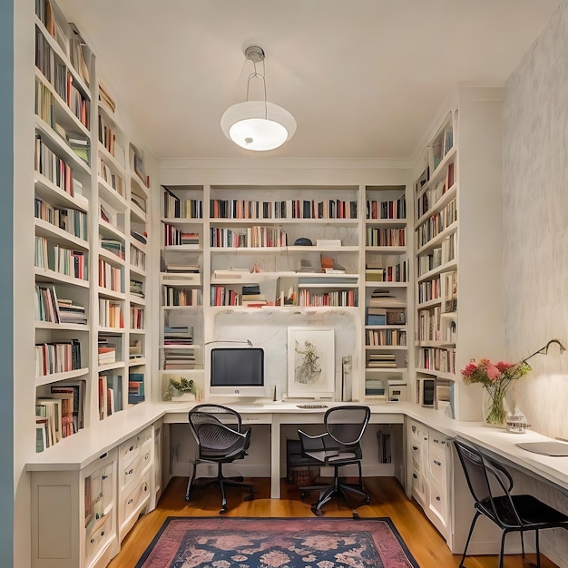 Cozy home office with wall of books and a comfortable reading nook generative AI