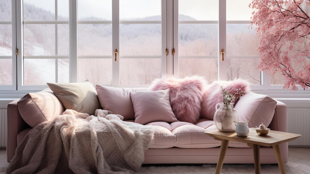 Уютное домашнее место с розовыми и белыми подушками и одеялом