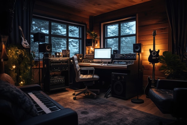 A cozy home recording studio with beautiful soundproofing AI generated