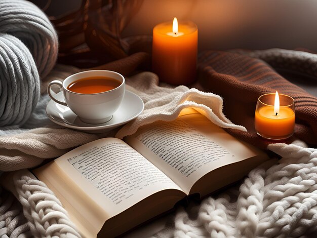 Cozy home scenery A cup of tea a book a knitted blanket and candles Still life