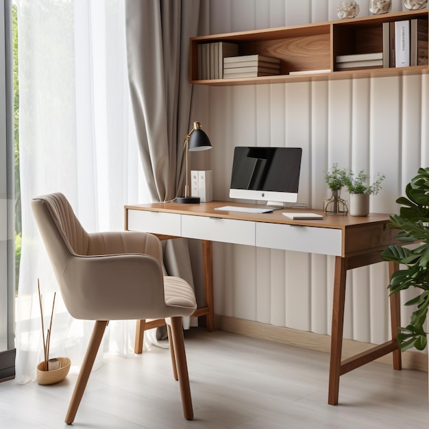 Cozy home workplace with wooden drawer writing desk