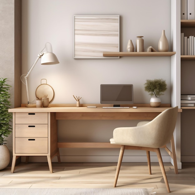 Cozy home workplace with wooden drawer writing desk