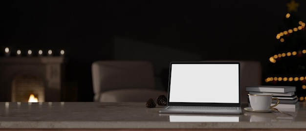 Cozy home workspace at night with laptop mockup on tabletop\
over blurred dark living room