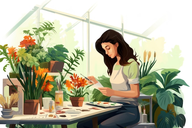 写真 暖かい 家 現代 の 家 で 植物 と 緑 に 囲まれ た 若い 女 の 例え