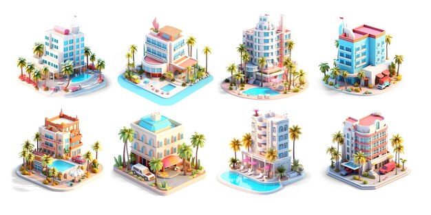 Cozy hotel isometric low poly icons set