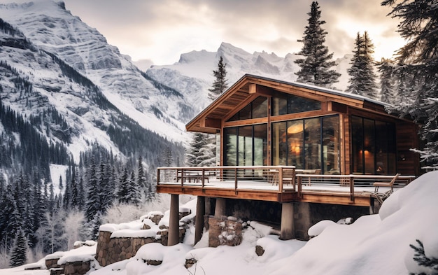 Foto casa accogliente chalet cabina con grandi finestre panoramiche in inverno sullo sfondo di foresta innevata e montagne campagna concetto di vacanza appartata