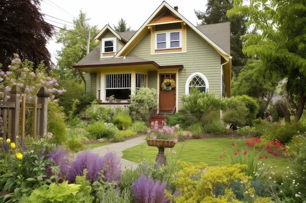 Cozy house exterior with blooming garden and bird feeders visible