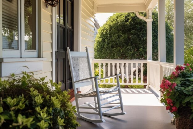 Cozy house exterior with front porch and rocking chair view of the garden