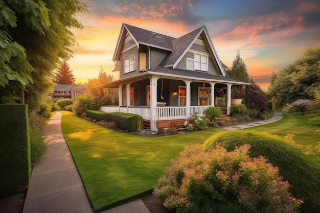 Cozy house exterior with lush green garden inviting porch and stunning sunset view