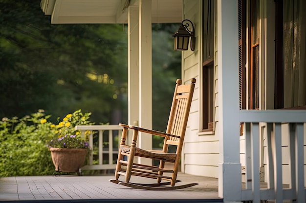 Cozy house exterior with porch and rocking chair ready for lazy afternoon