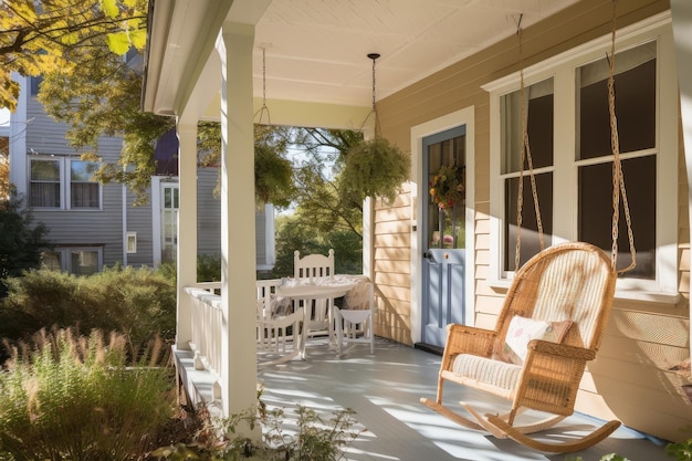 Cozy house exterior with porch swing and wicker dining set for afternoon tea