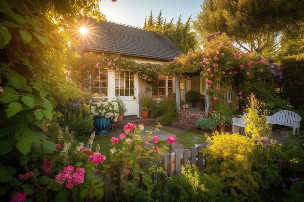 Cozy house exterior with sundappled yard and garden of vibrant flowers