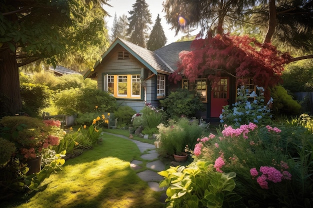 Photo cozy house exterior with sundappled yard and garden of vibrant flowers