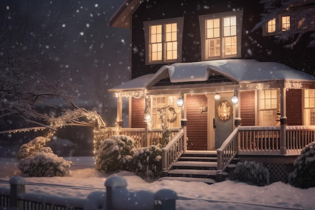 Cozy house exterior with winter scene complete with snow and twinkling lights