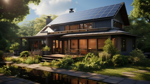 уютный дом в саду с солнечными батареями
