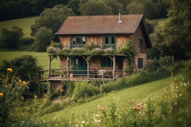 Cozy house on a green hilly area among greenery and flowers a quiet calm relaxing place generative ai