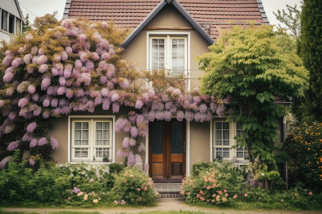 Cozy house surrounded by blooming flowers and green foliage on the exterior