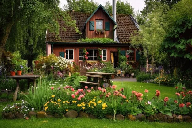 A cozy house surrounded by a garden and flowers